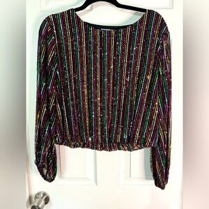 Ali & Jay Multicolor Sequin Striped Long Sleeve Crop Top  Party Holiday Blouse L